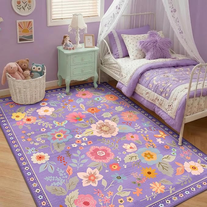 RELEANY Floral Washable 6x9 Area Rugs Purple/Pink | Flower Carpet, Print, Boho, Non-Slip, Easy to Clean, Soft, Low Pile for Living Room Bedroom Kitchen Office Entryway Hallway