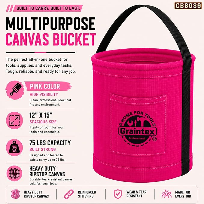 Graintex Canvas Utility Bucket 12"x15", Round Tool Bucket, Reinforced Base & Carry Handle, Ripstop Canvas, Multi-Purpose Bag for Jobsite, Gardening, Home Use, Ideal for Tool Storage Solutions