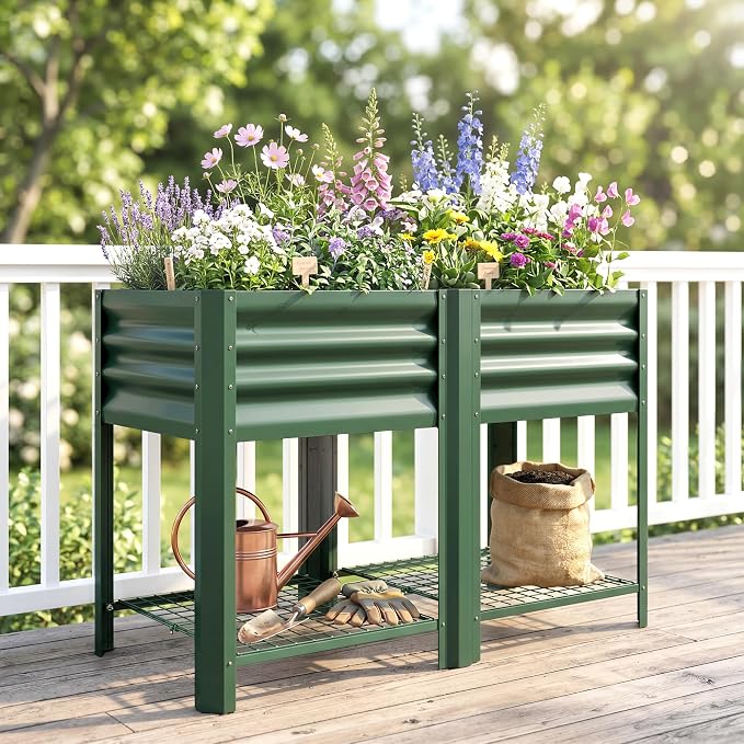 Outsunny Galvanized Steel Raised Garden Bed with Storage Shelf and Bed Liner, Elevated Planter Box with Legs for Flowers, Vegetables, and Herbs, for Outdoor Patio Yard, Glove Included, Green