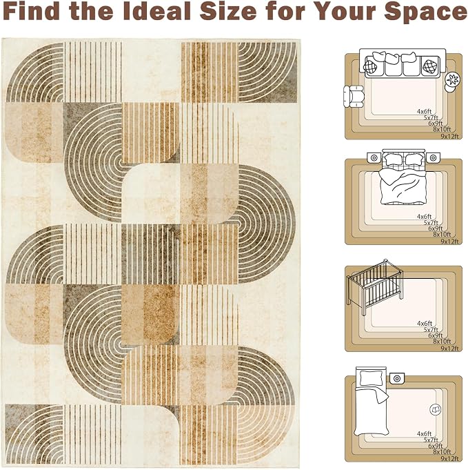 9'x12' Area Rug for Living Room, Washable Modern Abstract Soft Carpet | Low Pile, Indoor Floor Non Slip Stain Resistant Large Carpet for Bedroom Dining Room Farmhouse Nursery Home Office, Beige