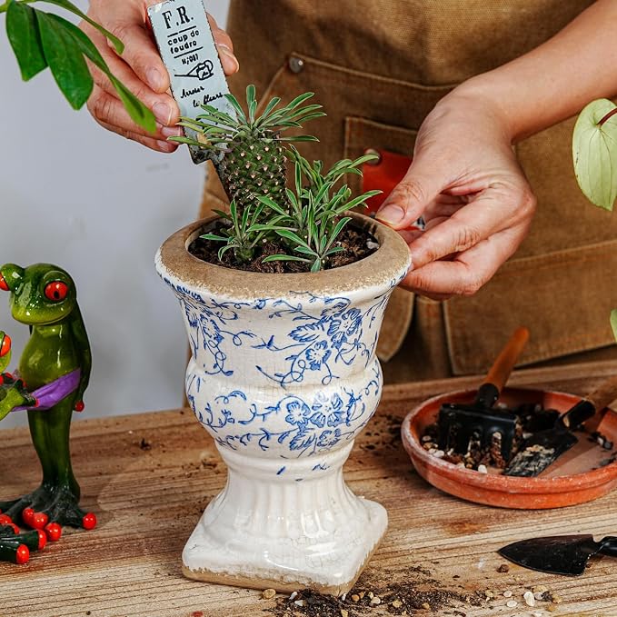 Sungmor Small Ceramic Urn Planter - Blue and White Floral Pedestal Flower Pot, Decorative Vintage Chinoiserie Style Planters, Tuscan Accent Vase Indoor Outdoor Plant Holder with Drainage