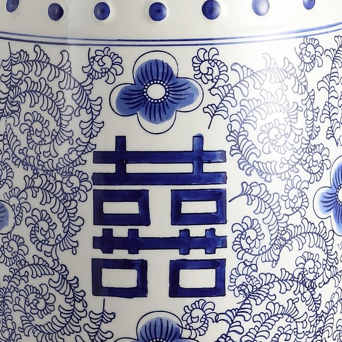 JONATHAN Y Double Happiness 18" Ceramic Garden Stool, Traditional Chinoiserie Blue and White Indoor/Outdoor Patio Drum Accent Side Table and Plant Stand TBL1013A