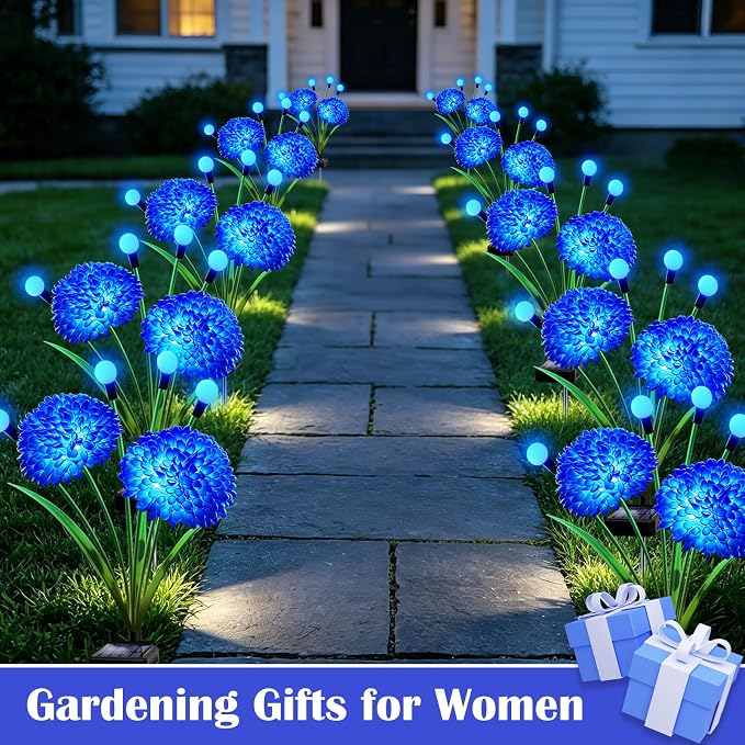 VOOKRY Solar Flowers Outdoor Waterproof, 4 Pack Blue Garden Lights with Swaying Firefly Lights, Flower Light Garden Decor for Yard Patio Pathway Lawn Grave, Gardening Gifts for Women Mother's Day