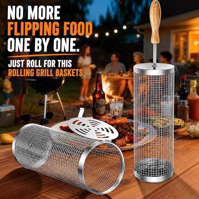 Rolling BBQ Basket for Outdoor Grill, Grilling for Vegetable/Veggies 2pcs | Stainless Steel Roll Barbeque Basket with Handle Heat Resistant, Non-slip Large Capacity to Grill Seafood Sausage for Camping