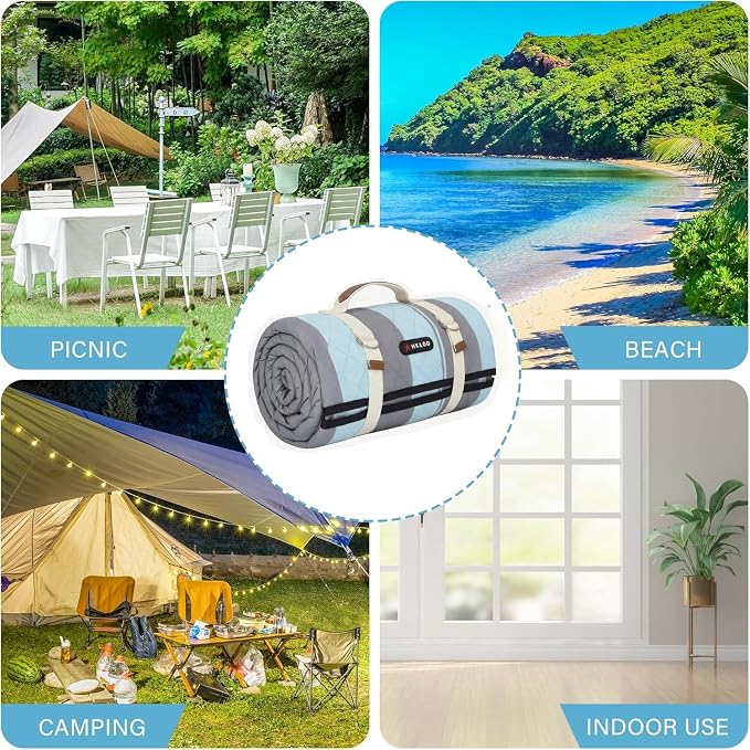 HX&OD Outdoor Picnic Blanket Extra Large, 80''*60'' Waterproof Picnic Mat with Stakes Foldable Camping Blanket Portable with Carry Strap for Beach Mat (Green& White, 80''*60'')
