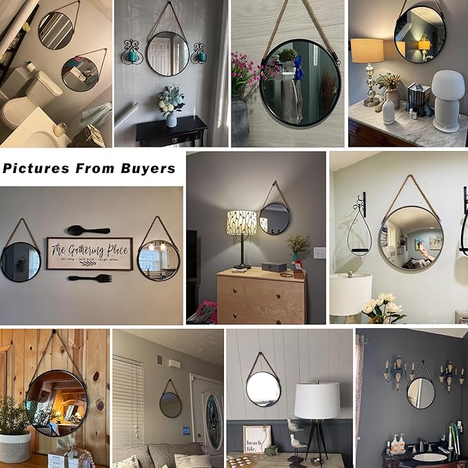 POZINO 30 Inch Large Round Hanging Mirror with Black Metal Frame | Circle HD Mirror with Jute Rope, Anti-Rust, Farmhouse Decorative Wall Mirror for Entryway, Living Room, Fireplace, Bathroom