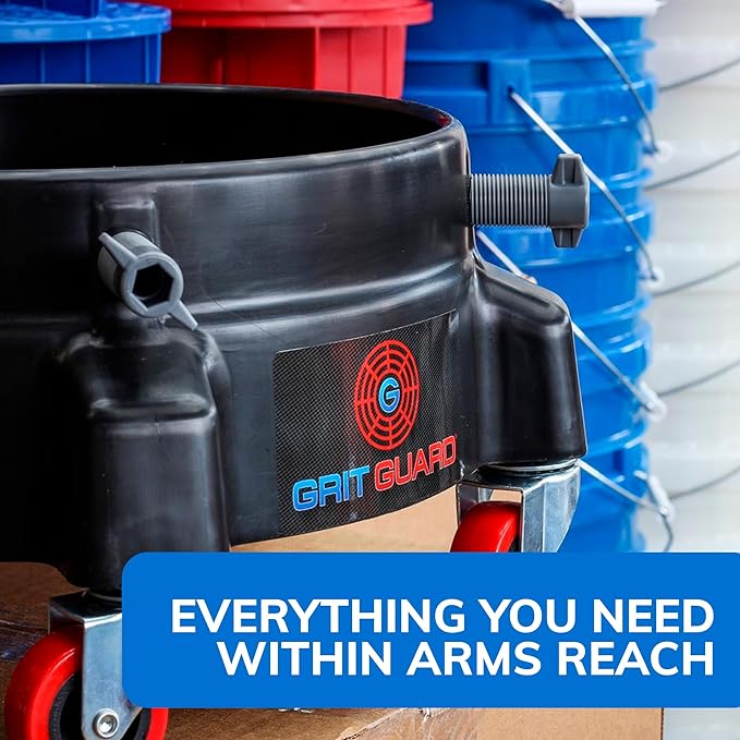 Grit Guard Bucket Dolly with Wheels - Rolling Detailing Wash Bucket with 5 Wheels and 2 Locking Casters Compatible with 2.5, 4, 5 and 6 Gallon Buckets (Blue, 3" Red Casters) - Made in the USA