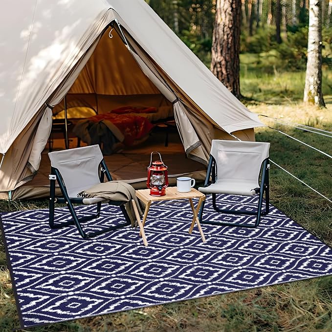 OLANLY Outdoor Rug 8x10 ft Waterproof, Outdoor Plastic Straw Rug with Geometric Pattern Clearance, Reversible RV Mat for Patio, Camping, Balcony, Deck, Backyard, Navy & White