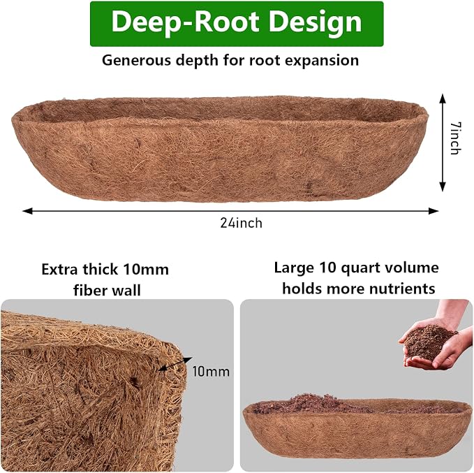 DUNCHATY Trough Coco Liners for Planters 24 Inch - 2 Pack Natural Coconut Fiber Liner Replacement for Window Box Hanging Basket Garden Wall Flower Pot Inserts Eco-Friendly Coir