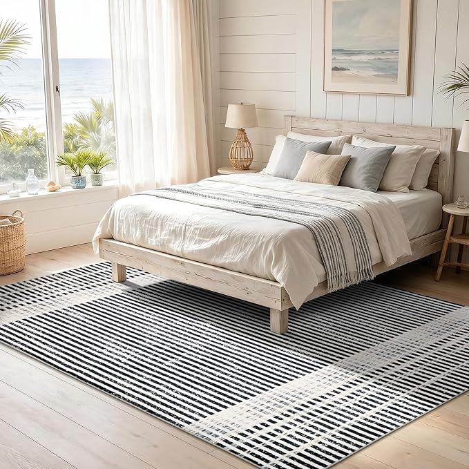 Washable 8x10 Modern Striped Area Rug, Abstract Large Living Room Rug | Black Beige, Soft Low Pile, Skin Friendly, Non-Slip for High Traffic, Bedroom Vintage Braided Paid Style Home Decor