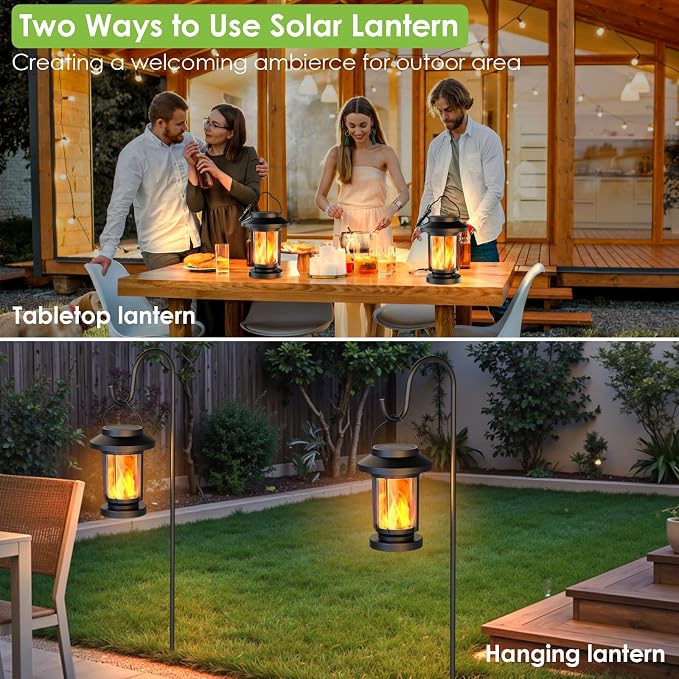 Greluna Solar Lantern Outdoor, Flickering Flameless Solar Lights Hanging Lantern, Waterproof Auto On/Off Decorative Solar Garden Lights for Patio Yard Porch Pathway Camping Decor 2 Pack