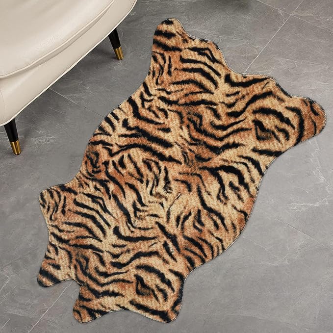 MACEVIA Tiger Printed Skin Area Rugs Western Decor for Living Room Bedroom Faux Animal Area Carpet Non-Slip Flannel Floor Mats 43.3" L x 29.5" W(3.6ft x 2.4ft)