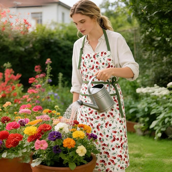 Women's Cherry Floral Print Vintage Kitchen Cooking Apron | Adjustable Tie Straps & Big Storage Pockets, Cute Gardening Pinafore, Nice Gift for Baking & Tea Lovers(Cherry red)