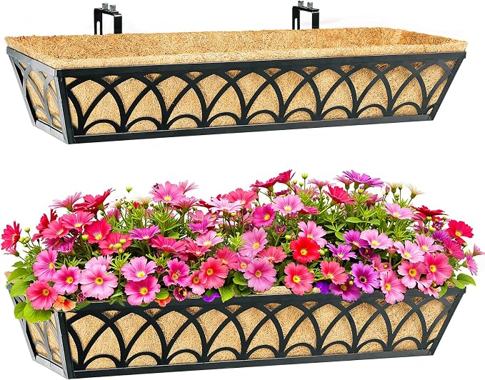 30 Inch Railing Planter Box Window Boxes Planters - 4 Pack Deck Railing Planter Boxes with Adjustable Brackets Coco Liners Balcony Planters Railing Hanging for Window Flower Boxes Outdoor Garden Decor