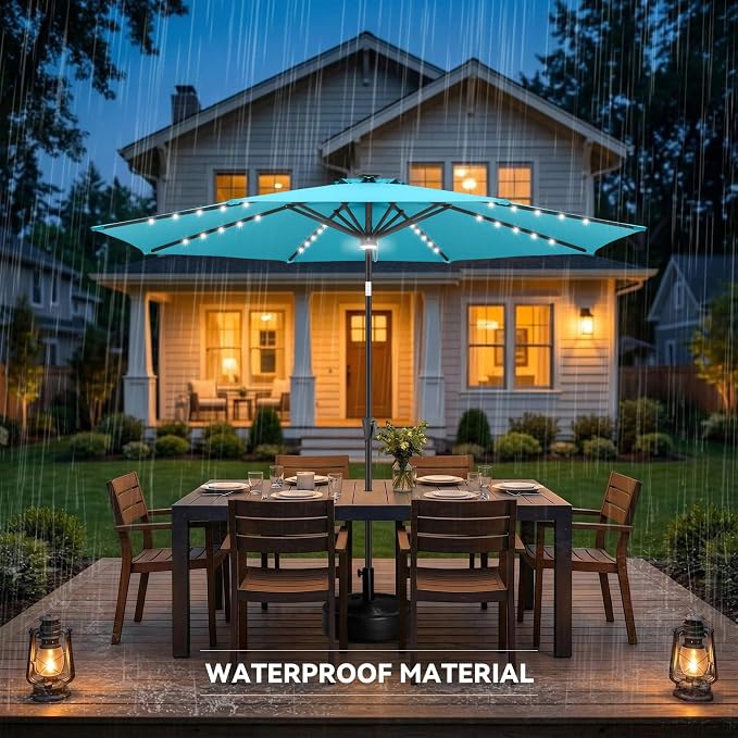 10ft Solar Umbrella Outdoor - Lighted Solar Patio Umbrella with 40 LED Lights Waterproof UV Protection, Table Umbrella with Tilt for Pool, Porch, Garden, Deck, Backyard (Aqua Blue)