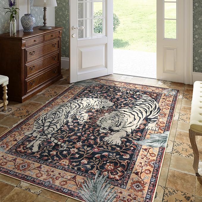 Moynesa Tiger Washable Area Rugs for Living Room, 5x7 Vintage Soft Rug for Bedroom, Non Slip Boho Ultra Thin Large Stain Resistant Throw Rug for Dining Guest Room, Puce Red