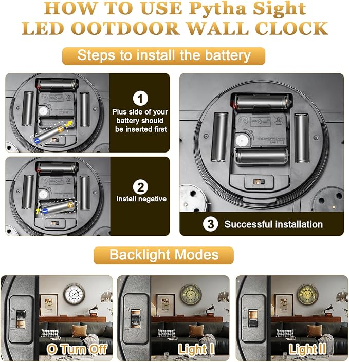 Pytha Sight Illuminated Large Metal Outdoor Clocks Waterproof 18 Inches With AI Auto Light Smart Sensor,Extra Big Indoor Outdoor Wall Clocks With Thermometer & Hygrometer for Patio, Pool, Garden,Porch