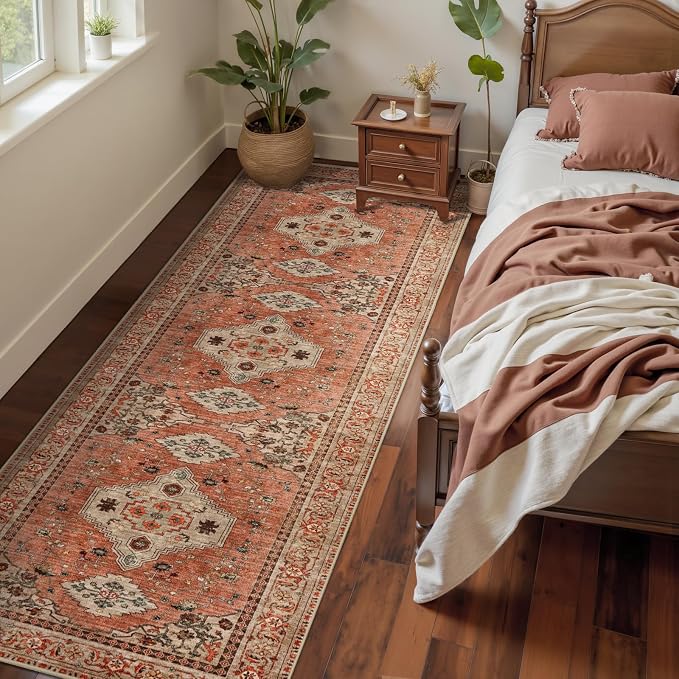 Tangsoo Boho 2.6x8 Washable Runner Rugs for Hallway, Runner Rug Non Slip | Vintage Soft Low Pile 8ft Long Runner Rug, Oriental Terracotta Carpet Runners for Kitchen Bedroom Entryway Living Room Decor