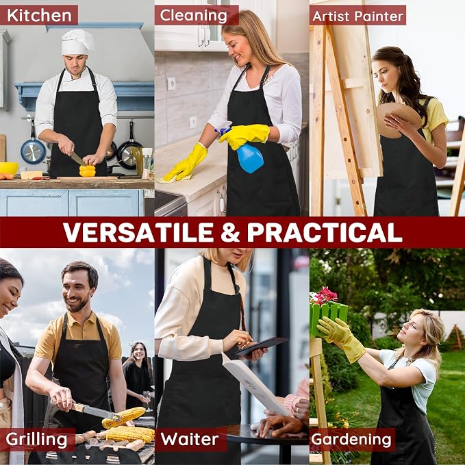 4 Pack Plus Size Chef Aprons, Large Kitchen Apron with 2 Pockets, Adjustable Waterproof Black Apron for Big Men and Women for Cooking, Baking, Cleaning, Gardening, BBQ