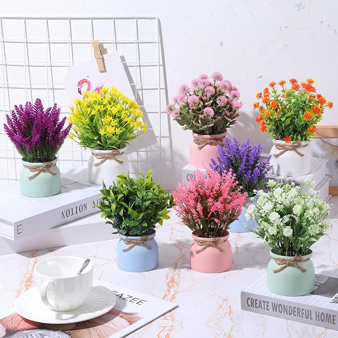 Cindeer 24 Pcs Large Artificial Potted Flowers Fake Potted Plants Plastic Faux Flowers for Home Decor Indoor Artificial Plants in Pots for Wedding Home Desk Tabletop Outdoor Office Kitchen (Colorful)