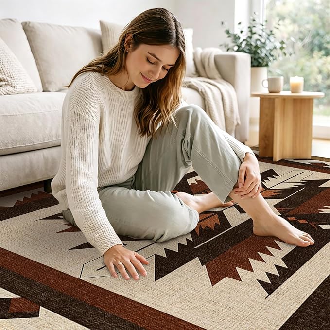 9x12 Western Aztec Area Rug for Living Room Bedroom Southwestern Rustic Large Rug Machine Washable Non-Slip Carpet for Dining Room Office