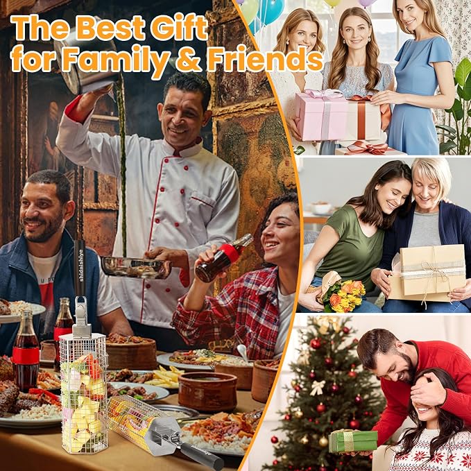 2 Pack Rolling Grill Basket, Hexagonal BBQ Grill Baskets with Removable Wooden Handle, 304 Stainless Steel, Nesting Grilling Net, BBQ Accessories Tools for Vegetables, Meat & Seafood, Gift for Dad or Husband