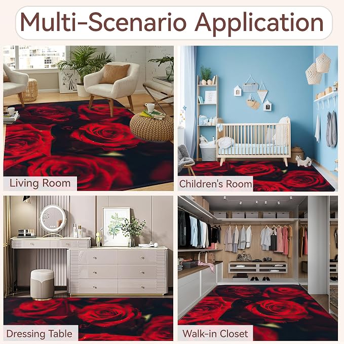 Red Rose 5x7 Area Rug,Retro Romantic Rose Flower Washable Carpet Non Slip Mat Low Pile Large Rugs for Living Room,Bedroom,Farmhouse,Dining Room,Kids Playroom,Kitchen Indoor