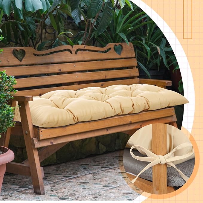 Wenqik Outdoor Bench Cushion 48 x 20 x 3 Inch Waterproof Patio Swing Cushion with Removable Zippered Cover Adjustable Ties Seat Pad for Porch Bench Garden Loveseat (Beige, Classic)