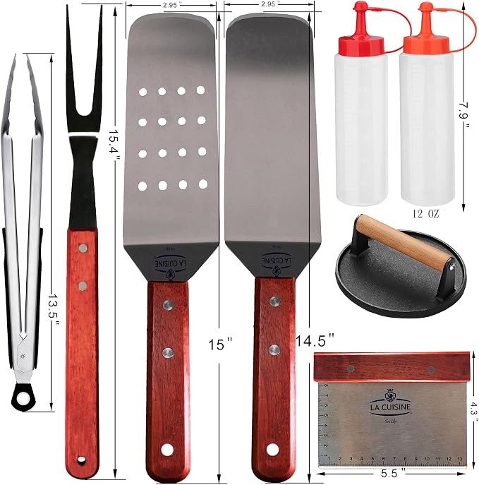 La Cuisine 8 PCs Flat-Top Griddle BBQ Accessories Kit including solid & perforated Spatulas, Fork, Tong, Cast Iron Meat Press, Condiment Squeeze Bottles for Grilling Hibachi and Teppanyaki Cooking