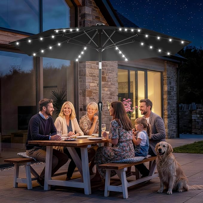 AreShark 9FT Patio Umbrella with Solar Lights, 32 Lighted Pool Umbrella w/Tilt and Crank, Outdoor Market Solar Umbrellas for Garden, Deck, Backyard, Pool and Beach, Black