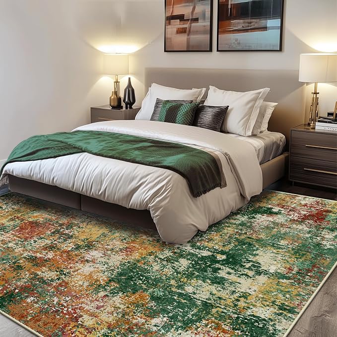 RELEANY Washable Square 8'x8' Area Rug for Living Room Green Multi | Carpet for Bedroom, Kitchen, Office, Hallway and Entryway, Printed Pattern, Non‑Slip, Soft, Stain‑Resistant, Easy to Clean