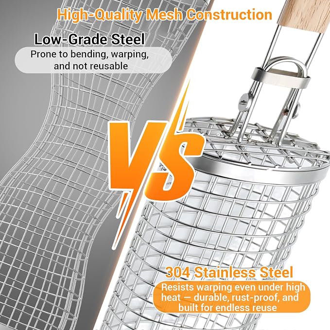 Rolling Grill Basket for Vegetables, Kebabs & Shrimp – 304 Stainless Steel BBQ Accessory with Side-Opening Design, Ideal for Outdoor Cooking & Camping (Rolling Grill Basket)