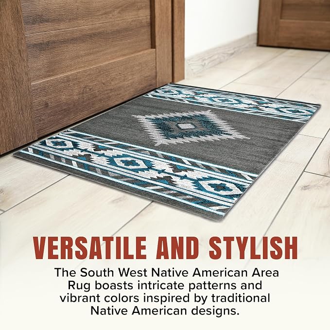 YHSF Southwestern Area Rug - Anti Static & Washable - Graphite, 2 ft x 7 ft | Soft Native American Tribal Floor Rugs for Living Room, Bedroom, Hallways, and More - Easy-to-Clean Home Decors