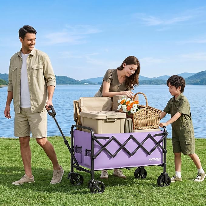 Collapsible Folding Wagon Cart, Heavy Duty Utility Wagons with Wheels,Portable Utility Cart for Camping,Garden,Beach,Sports Purple