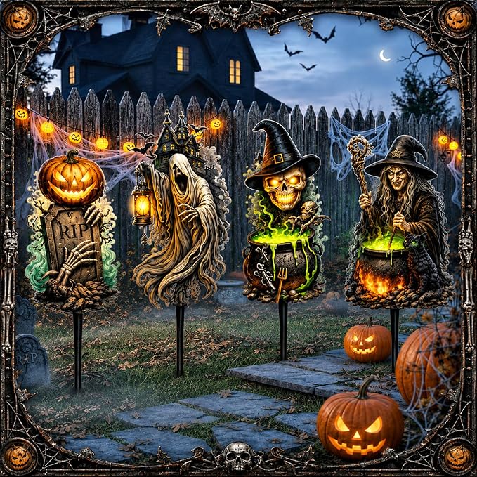 4 Pack Halloween Yard Signs 15'' Large Outdoor Halloween Decorations Metal Scary Garden Stakes Witch Skeleton Skull Pumpkin Tombstone Decorative Art Rust Proof for Outside Yard Lawn Patio
