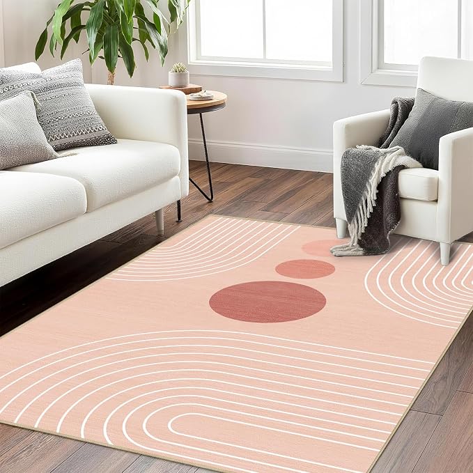 Boho Rug 4x6 Modern Geometric Minimalist Abstract Area Rug for Living Room Pink Mid Century Modern Contemporary Machine Washable Non-Slip Printed Low-Pile Carpet Dining Room Bedroom Office Pink