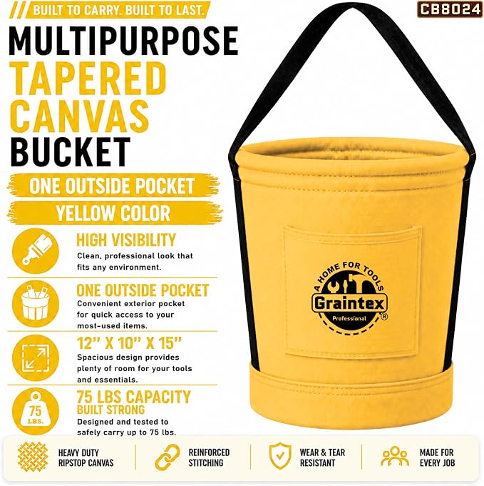 Graintex Tapered Canvas Bucket 12"x10"x15", Utility Tool Bucket One Inside Pocket, Reinforced Base & Carry Handle, Ripstop Canvas - Yellow