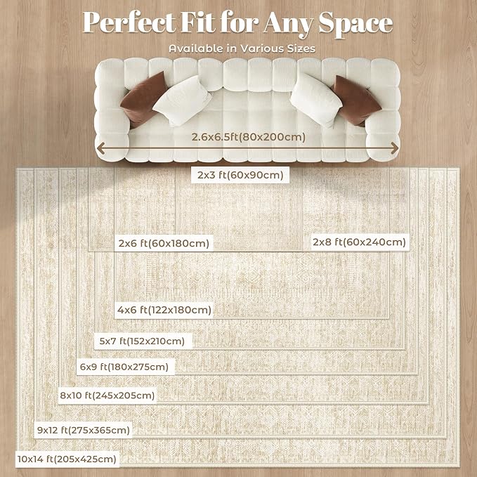Living Room Rugs 9x12: Washable Moroccan Geometric Boho Rug Farmhouse Non Slip Stain Resistant Large Rug Low Pile Soft Carpet for Bedroom Dining Room Children Room (Beige,9'x12')