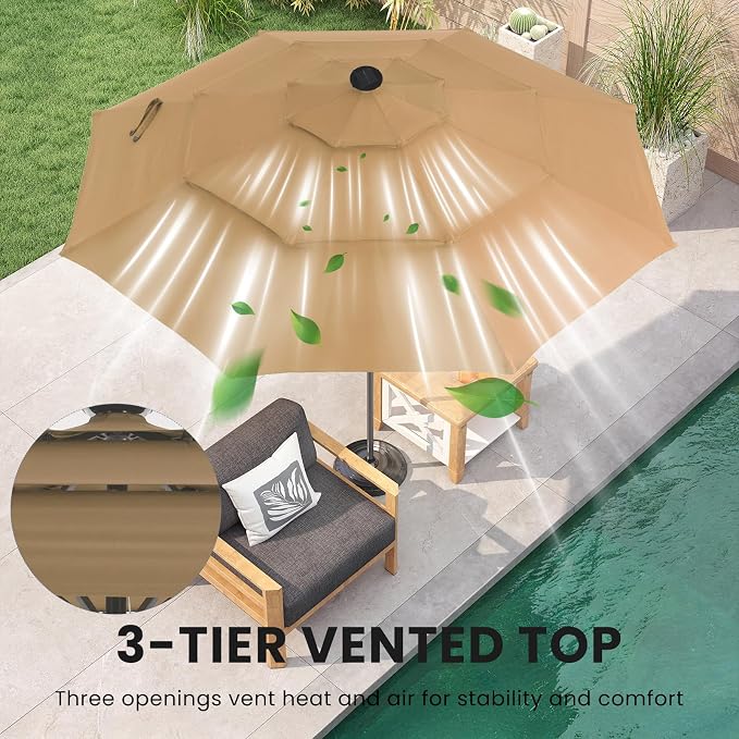 DUMOS Outdoor Solar Patio Umbrella 3 Tiers with 32 LED Lights, Beach Market Table Umbrella with Crank and 8 Sturdy Ribs for Pool, Terrace, Restaurant