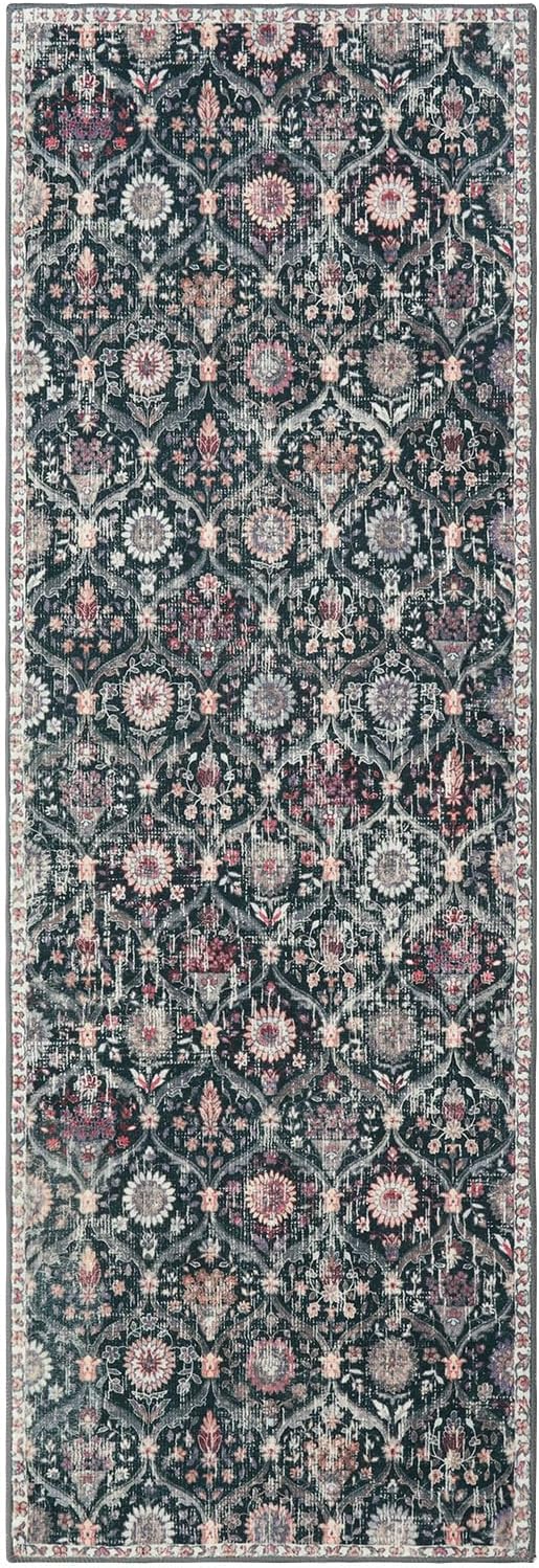 Lahome Moroccan Washable Runner Rug, 2x6 Kitchen Runners for Hallways | 6 Feet Non Slip Trellis Vintage Laundry Room Rug Ultra-Thin Carpet for Bathroom Bedroom Entryway Elise, Black Multi