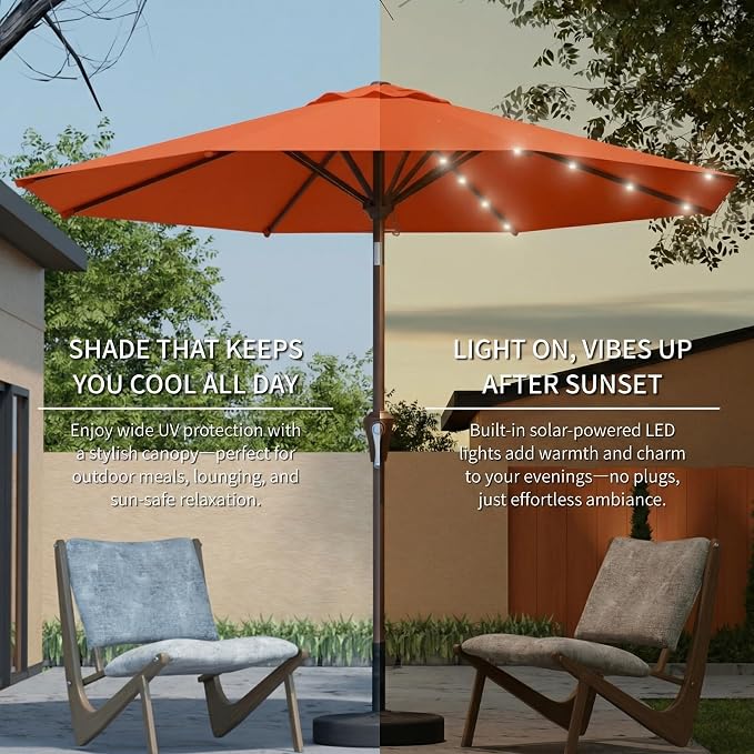 10FT Solar Umbrella 32 LED Lighted Patio Umbrella Table Market Umbrella w/Tilt and Crank, UV-Resistant Outdoor Umbrella for Pool, Garden, Deck, Terracotta