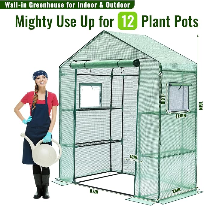 Greengro Greenhouse, 28 x 57 x 76'' Greenhouses for Outdoors, Small Plant Green House with Screen Windows, 3 Tiers 4 Shelves, Durable PE Cover, Plastic Portable Walk in Greenhouses for Outside Indoor