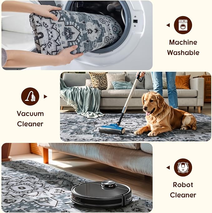 LBRO2M Machine Washable Rug Soft Pet Friendly Carpet 3X5 Dusty Blue | Persian Throw Rug 3X5 for Entryway, Kitchen, Bathroom Non Slip Carpet, Foldable Stain Resistant Rugs