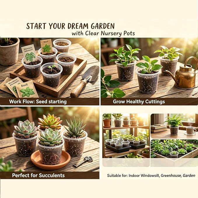 100 Pcs Seed Starter Pots Kit 2.75 Inch Clear Nursery Pots for Plants for Seedlings,Small Plastic pots for Plants,Succulents,Plastic Nursery Pots with Drainage Holes (Size B)