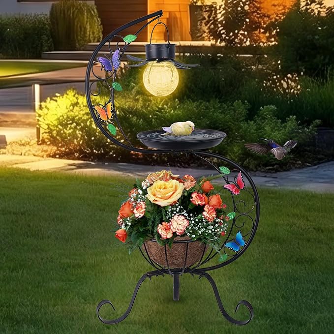 hogardeck Bird Bath for Outside with Solar Lamp, Metal Birdbaths for Outdoors with Flower Planter Pedestal, Vintage Birdbath for Garden Yard Patio Lawn Decor