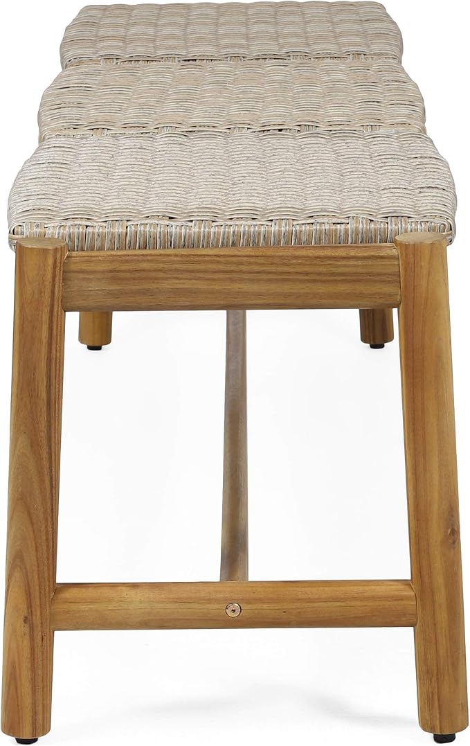 Christopher Knight Home Phoebe Outdoor 3 Seater Wicker Bench, Teak Finish, Light Gray