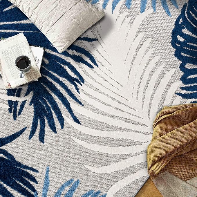 Rugshop Navy Lucca Contemporary Floral Indoor/Outdoor Round Area Rug Durable Polypropylene, Weather Resistant, Easy to Clean Perfect for Patio, Backyard, Deck and Outdoor Lounge 8' Round