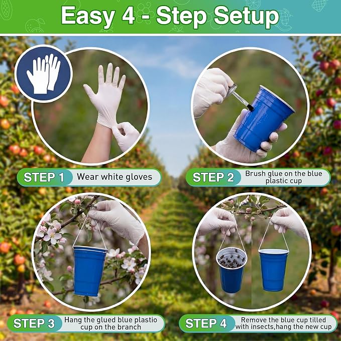 Sticky Glue Coating Kit, 20.4 oz (3 * 6.8 oz) Insect Trap Coating with Brush and 30 Blue Cups and 2 Pairs Gloves, DIY Fly Trap for Deerfly, Stink Bugs, Apple Fly, Biting Flies, Garden Pests
