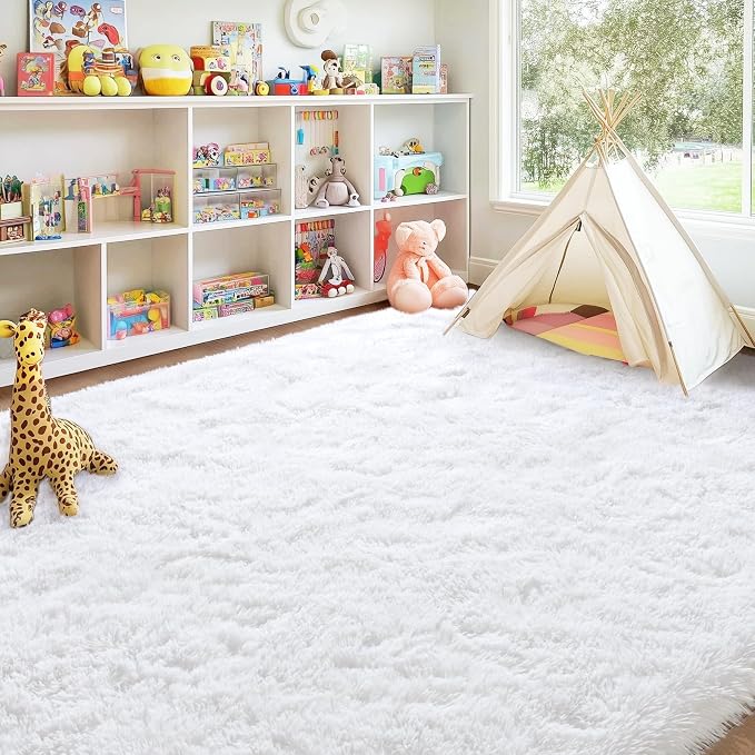 8x10 Area Rugs for Living Room, Large Ultra Fluffy Fuzzy Shag White Rug for Bedroom, Modern Plush Soft High Pile Upgrade Non-Slip Carpet for Kids Girls and Boys, Dorms, Home Decor Aesthetic