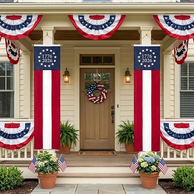 TOPFLAGS 250th Anniversary Door Decorations 20x96 Inch 2 Packs Large 1776 2026 4th of July Decorations Outdoor Hanging Betsy Ross 13 StarBunting American Banner Red White and Blue Decorations for Memorial Day Veterans Day